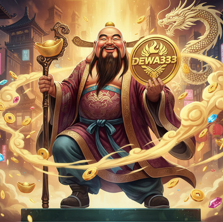 Visualisasi kemakmuran DEWA333 menampilkan sosok dewa kekayaan dengan koin emas dan naga emas legendaris